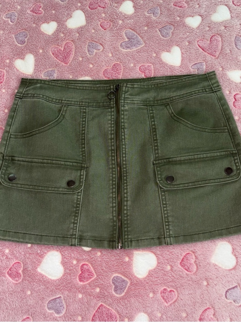 No Boundaries Army Green Front-Zip Mini Skirt